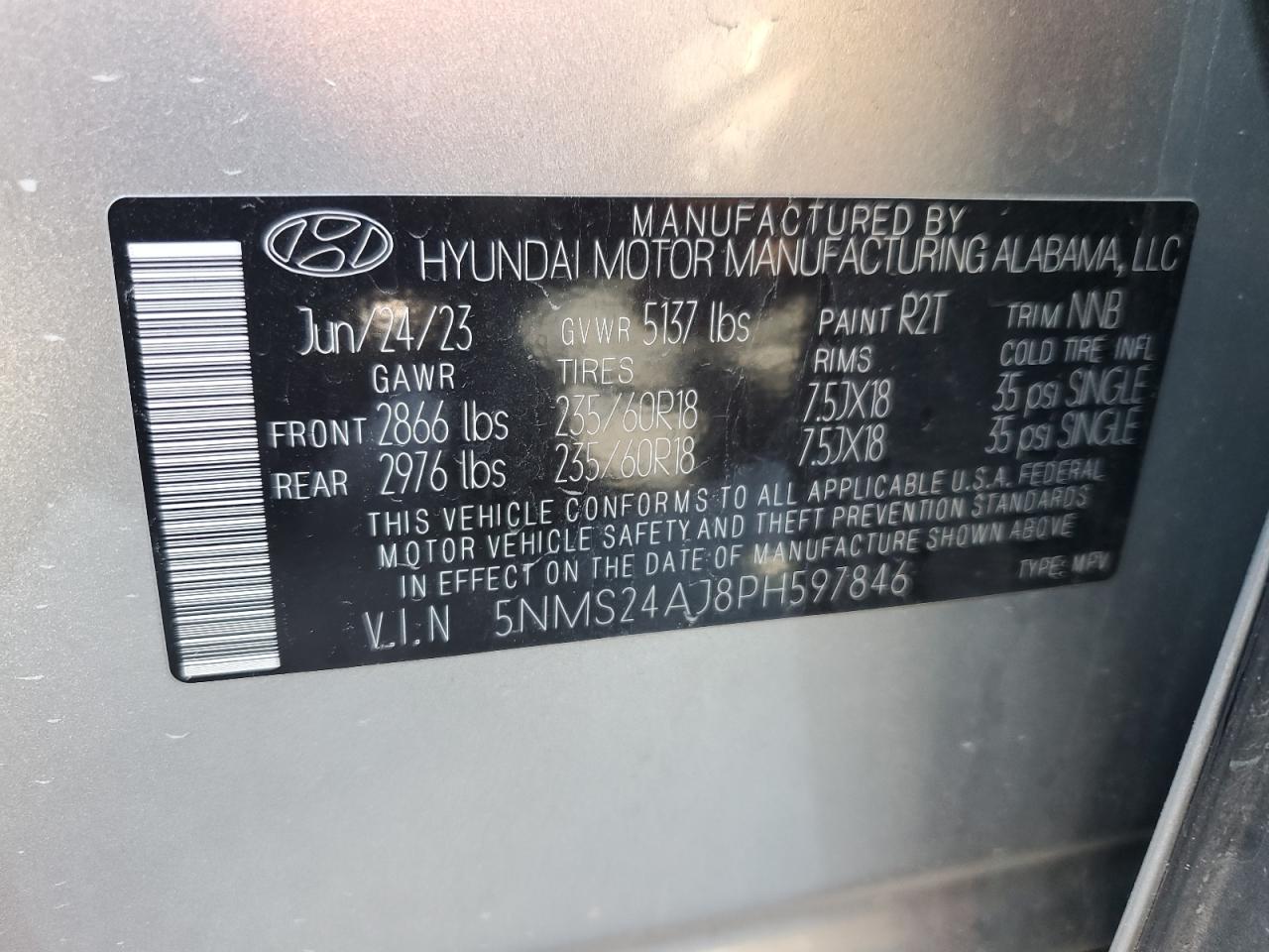 2023 HYUNDAI SANTA FE SEL VIN:5NMS24AJ8PH597846