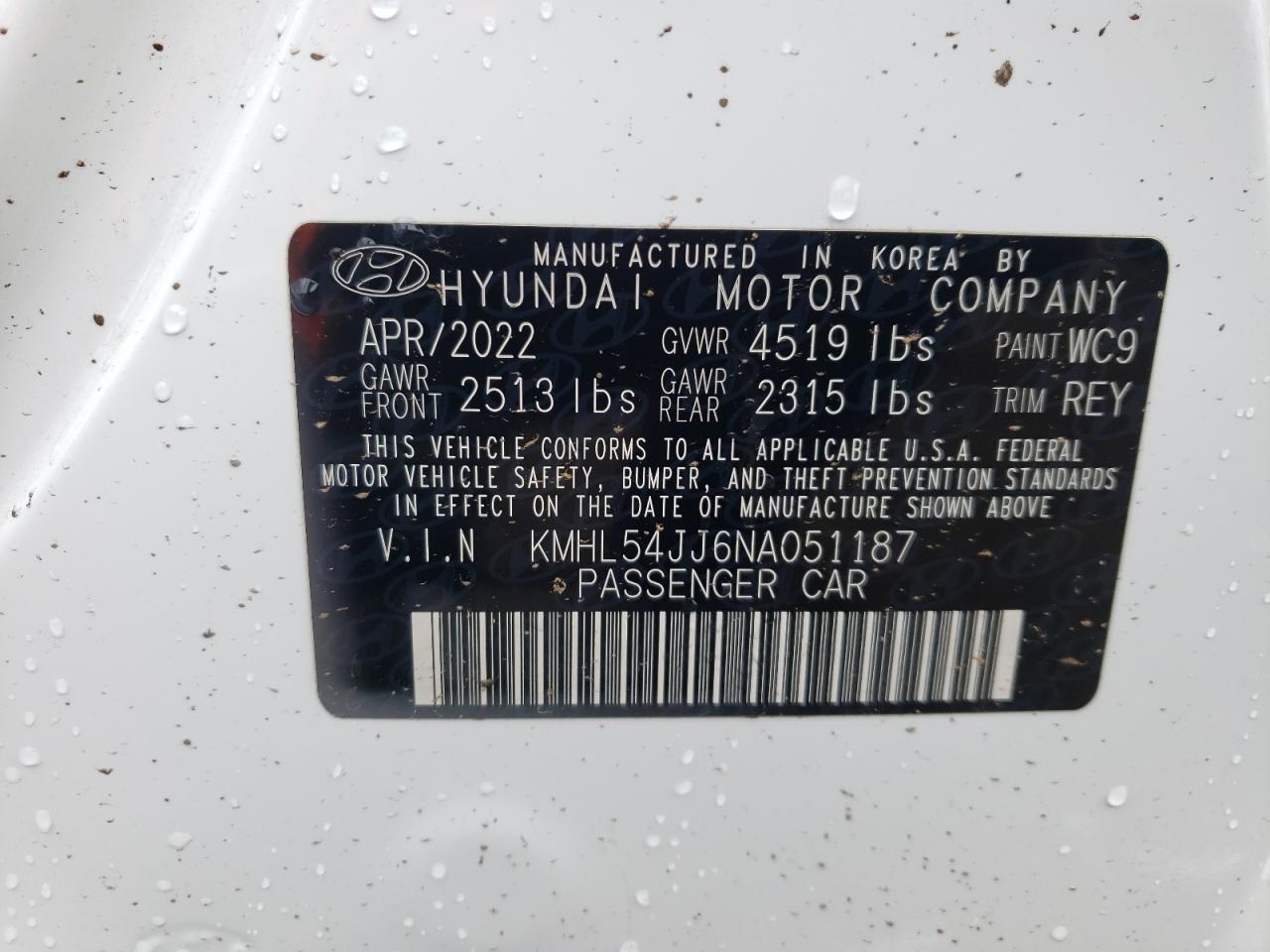 2022 HYUNDAI SONATA HYBRID VIN:KMHL54JJ6NA051187