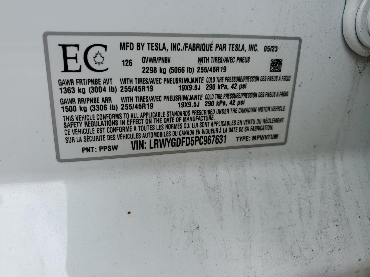 2023 TESLA MODEL Y  VIN:LRWYGDFD5PC967631