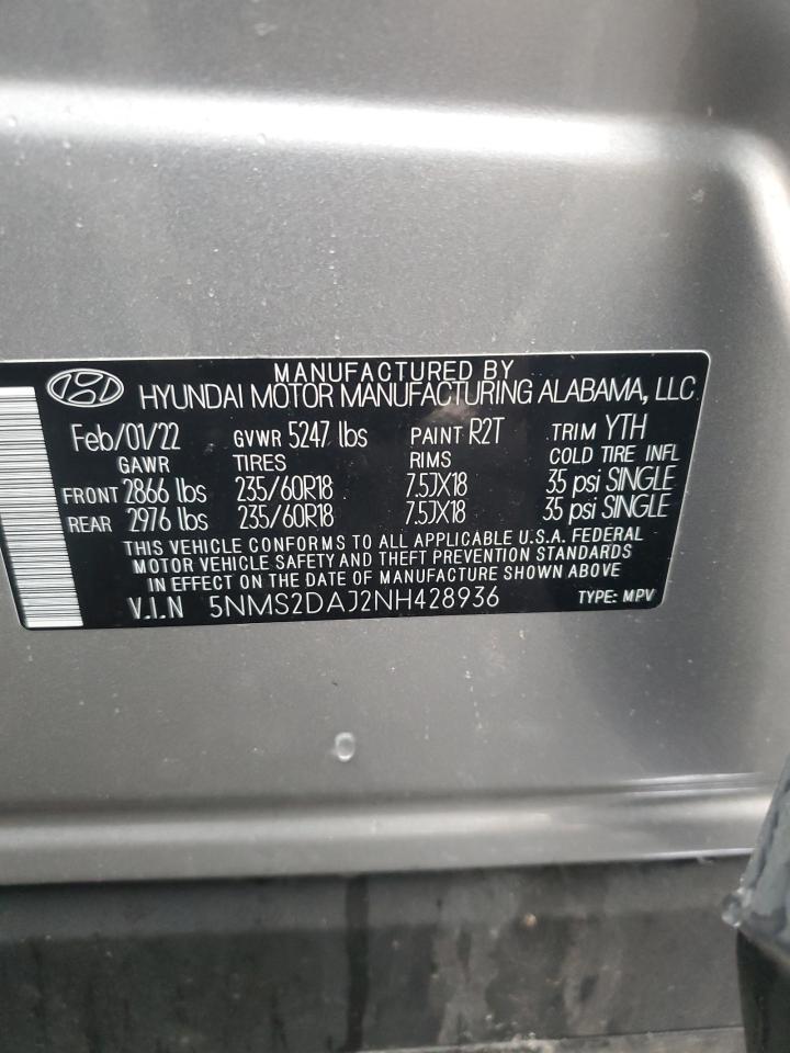 2022 HYUNDAI SANTA FE SEL VIN:5NMS2DAJ2NH428936