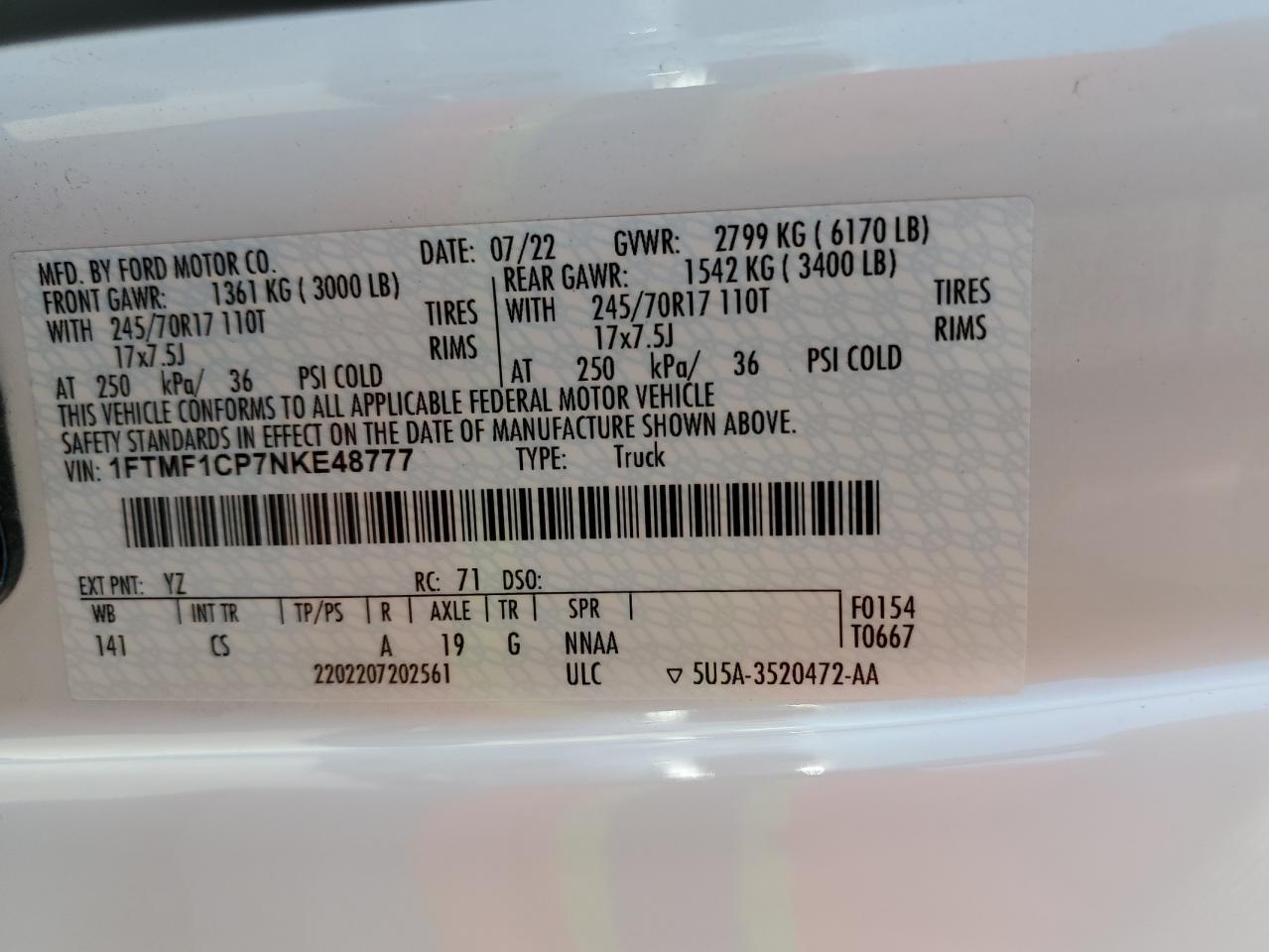 2022 FORD F150  VIN:1FTMF1CP7NKE48777