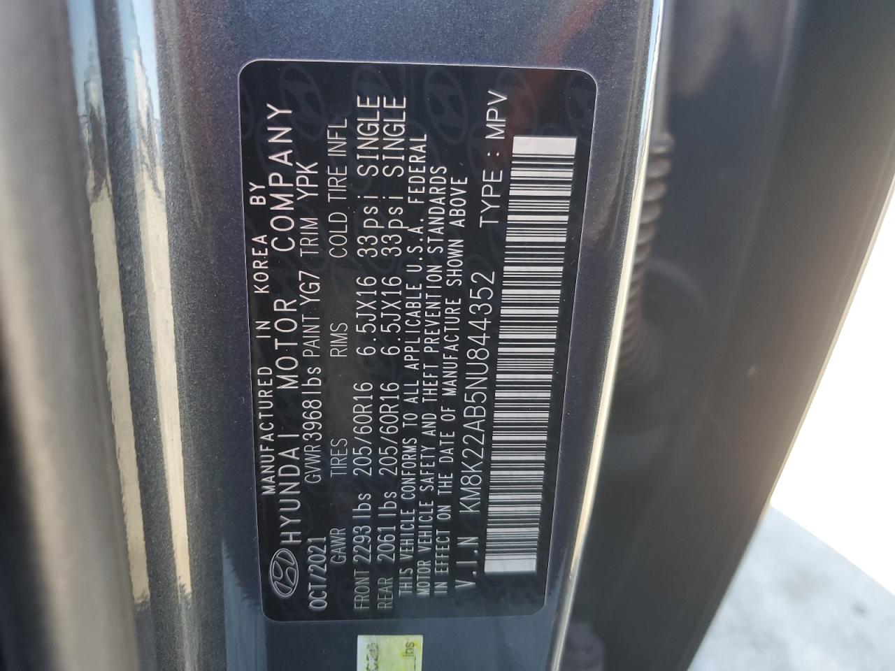 2022 HYUNDAI KONA SEL VIN:KM8K22AB5NU844352