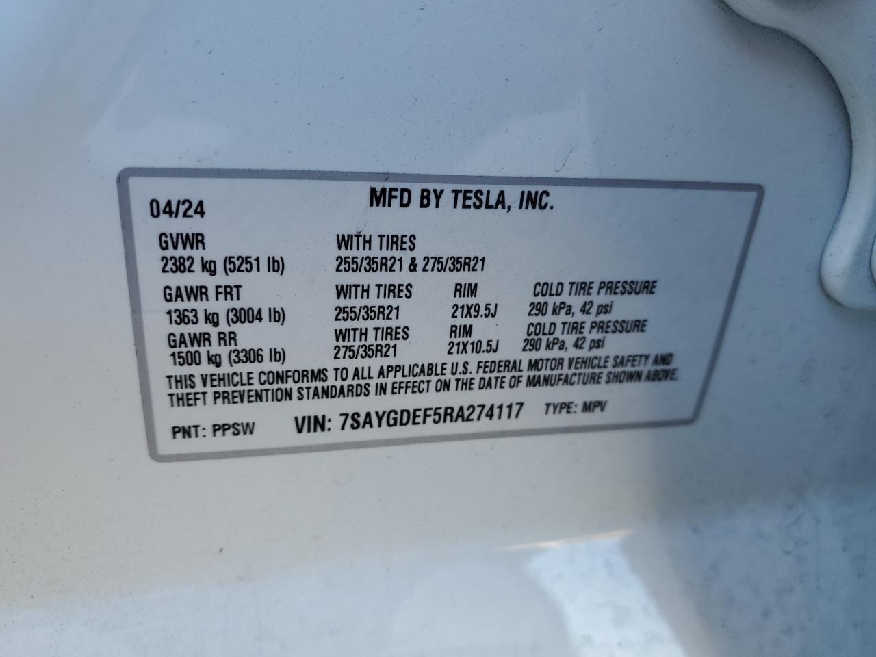 2024 TESLA MODEL Y  VIN:7SAYGDEF5RA274117