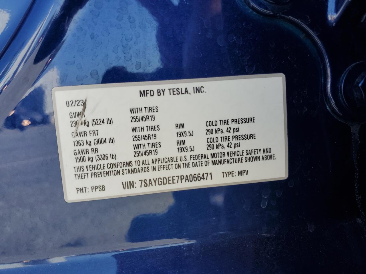 2023 TESLA MODEL Y VIN:7SAYGDEE7PA066471
