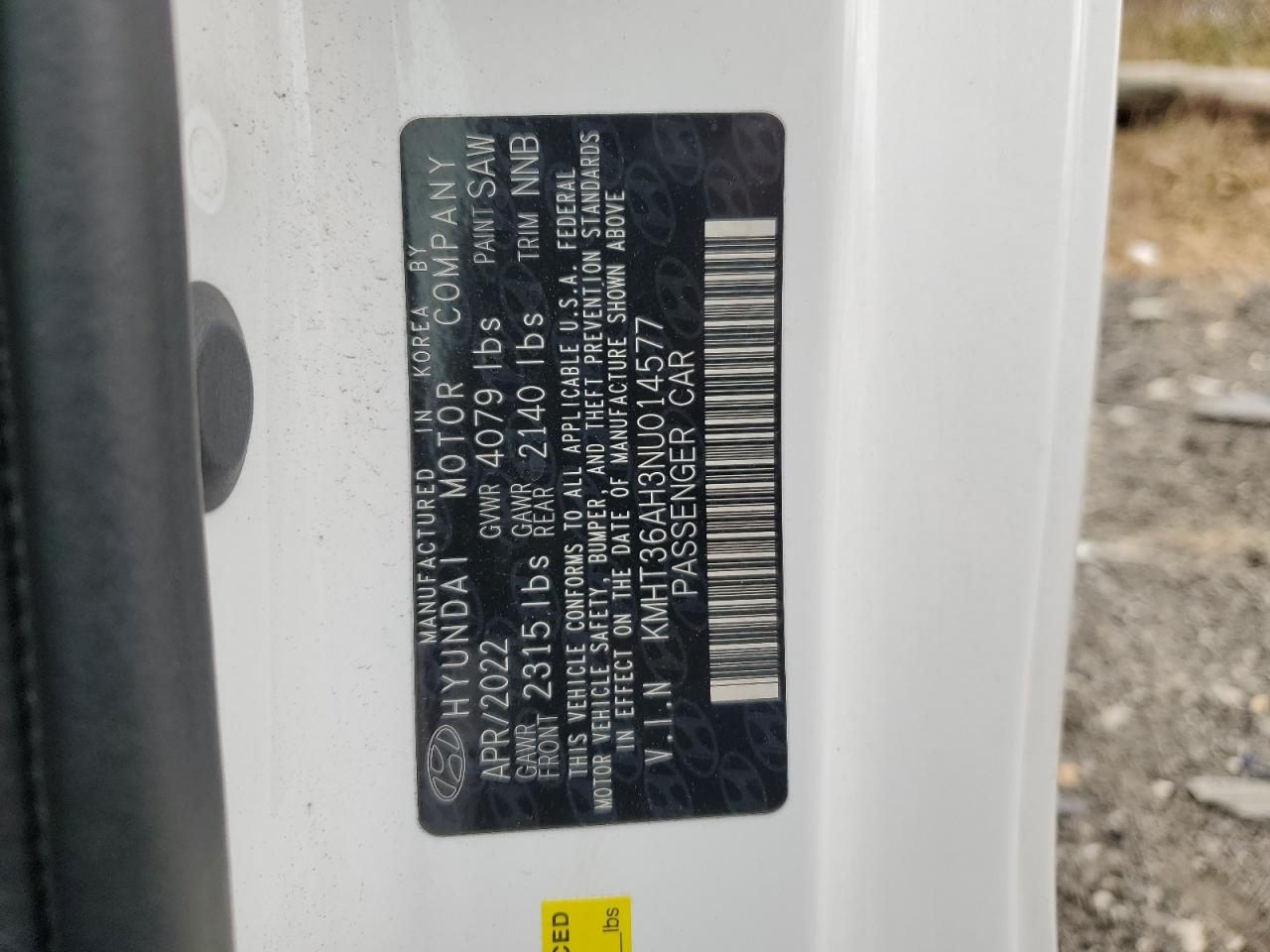 2022 HYUNDAI VELOSTER N  VIN:KMHT36AH3NU014577