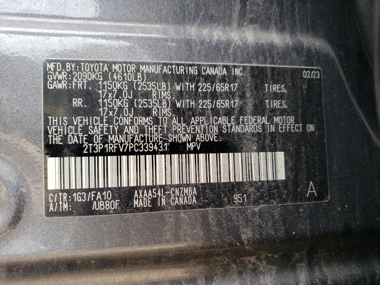 2023 TOYOTA RAV4 XLE VIN:2T3P1RFV7PC339431