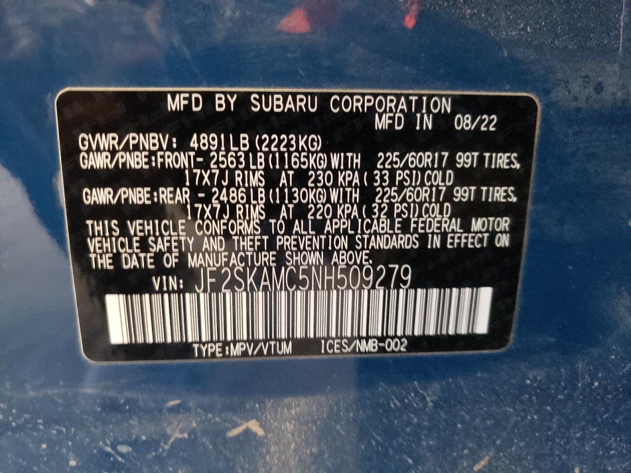 2022 SUBARU FORESTER WILDERNESS VIN:JF2SKAMC5NH509279