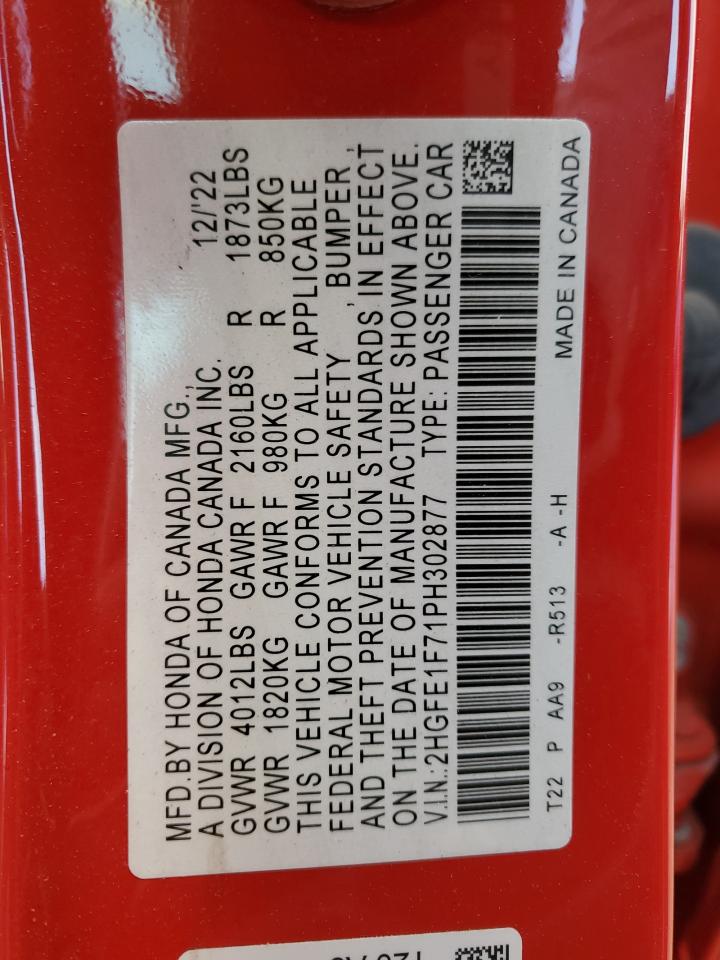 2023 HONDA CIVIC EX VIN:2HGFE1F71PH302877