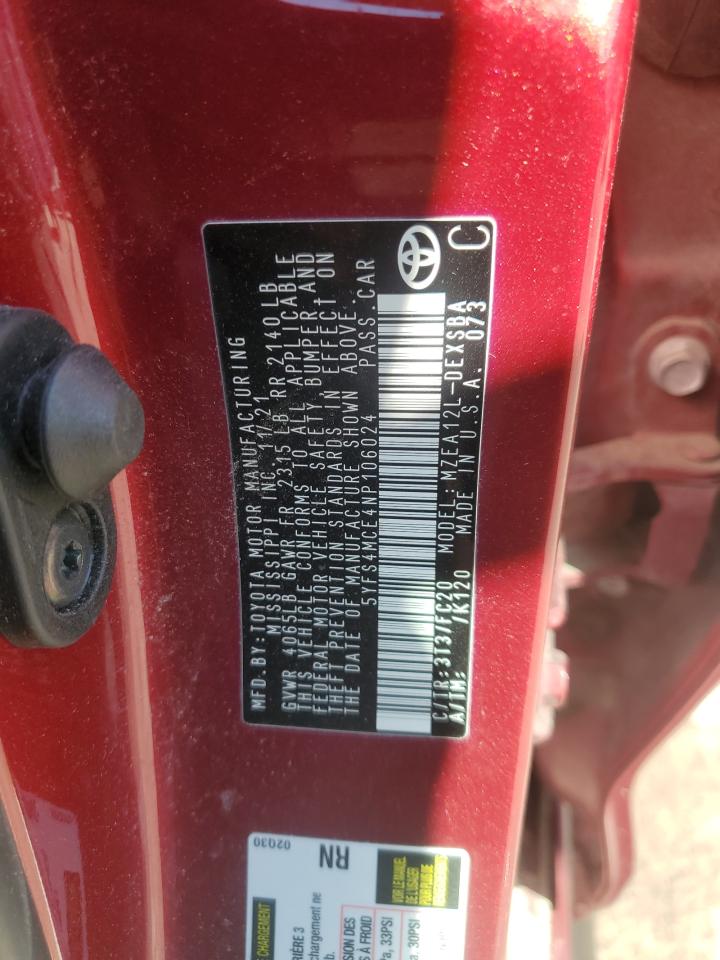 2022 TOYOTA COROLLA SE VIN:5YFS4MCE4NP106024