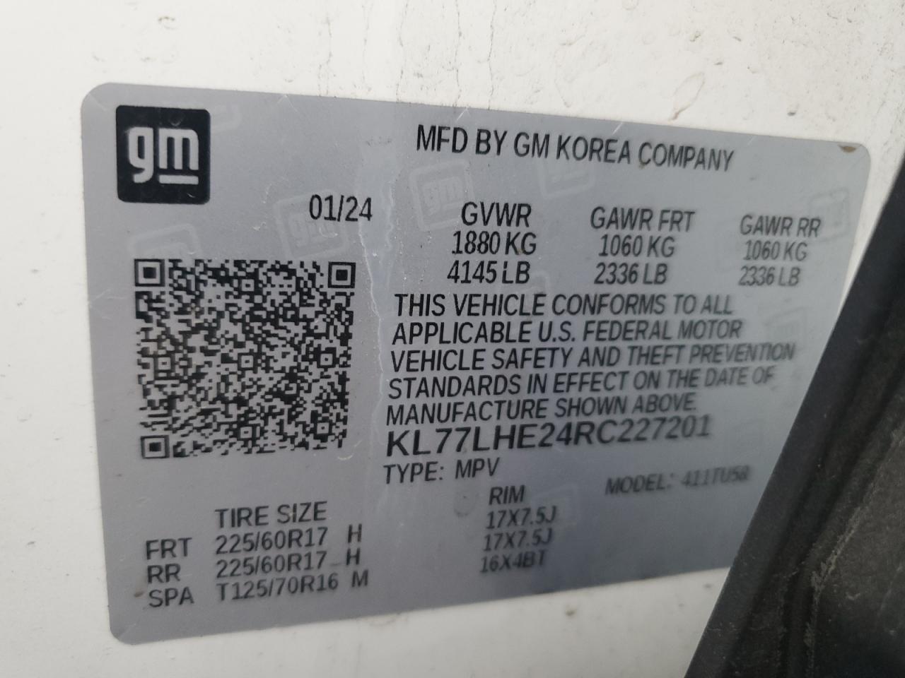 2024 CHEVROLET TRAX 1LT VIN:KL77LHE24RC227201