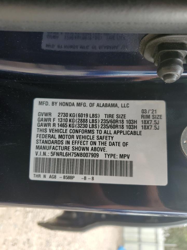 2022 HONDA ODYSSEY EXL VIN:5FNRL6H75NB007909