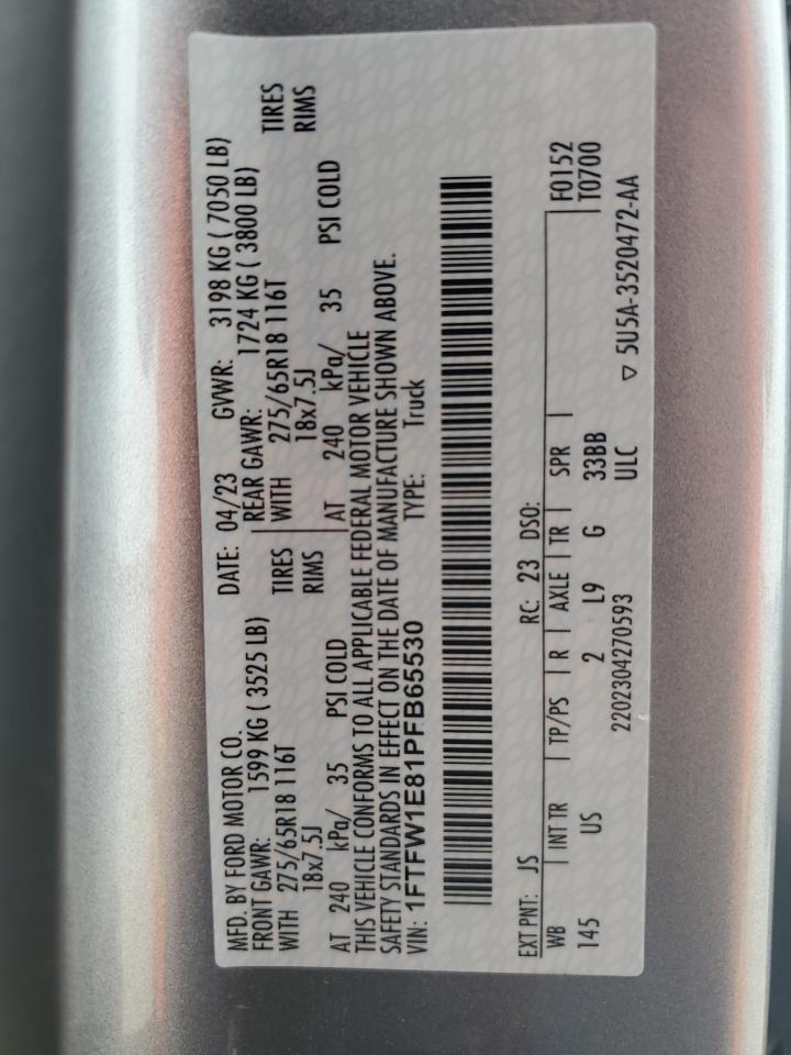 2023 FORD F150 SUPERCREW VIN:1FTFW1E81PFB65530