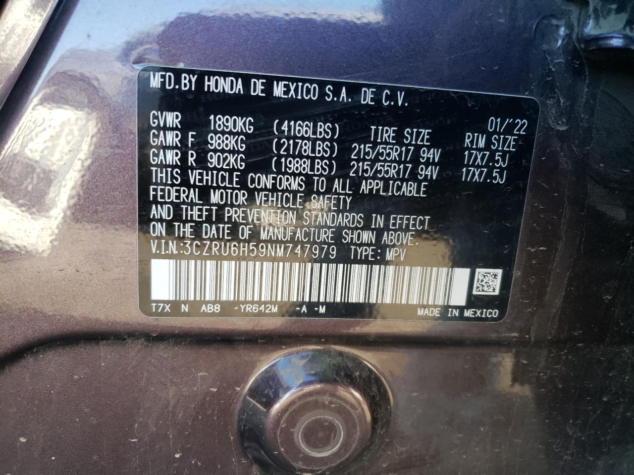 2022 HONDA HR-V EX VIN:3CZRU6H59NM747979