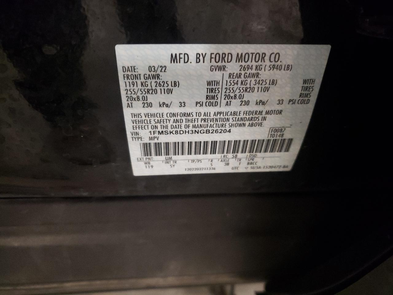 2022 FORD EXPLORER XLT VIN:1FMSK8DH3NGB26204