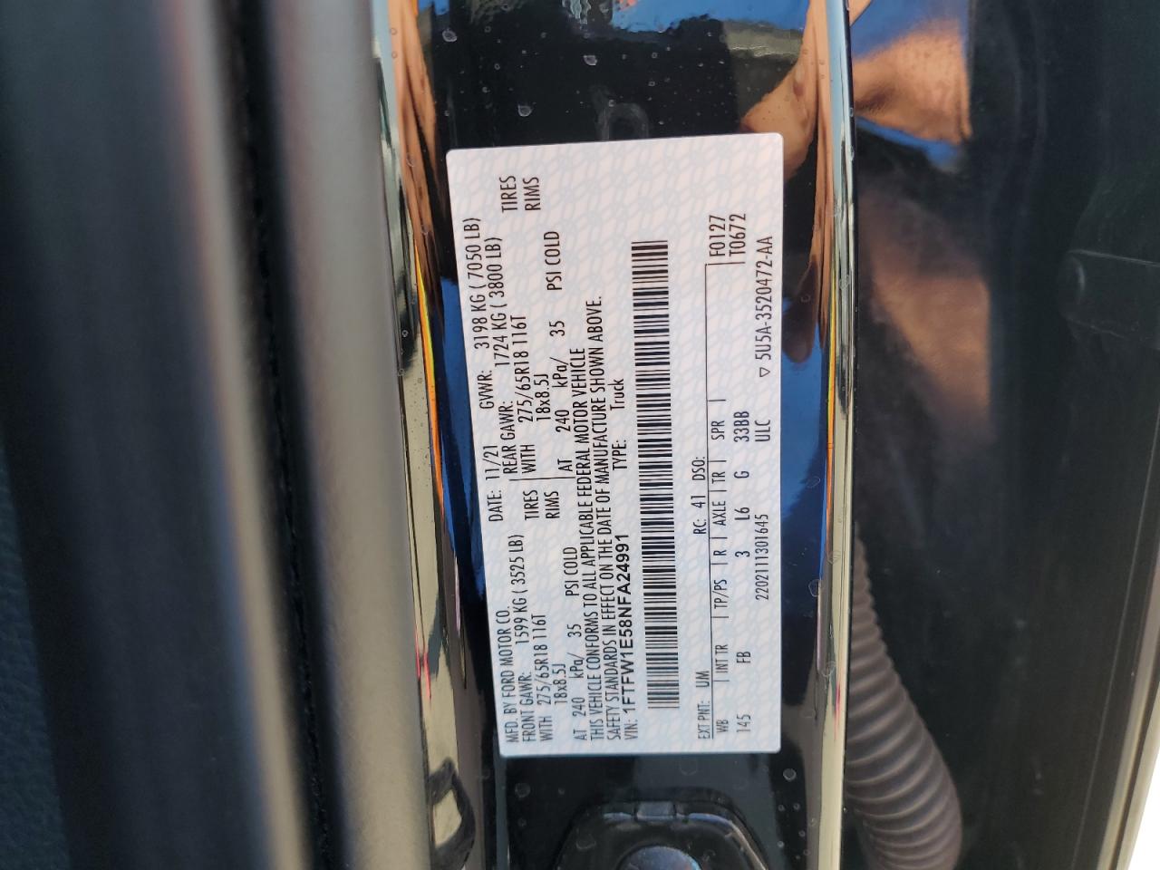 2022 FORD F150 SUPERCREW VIN:1FTFW1E58NFA24991