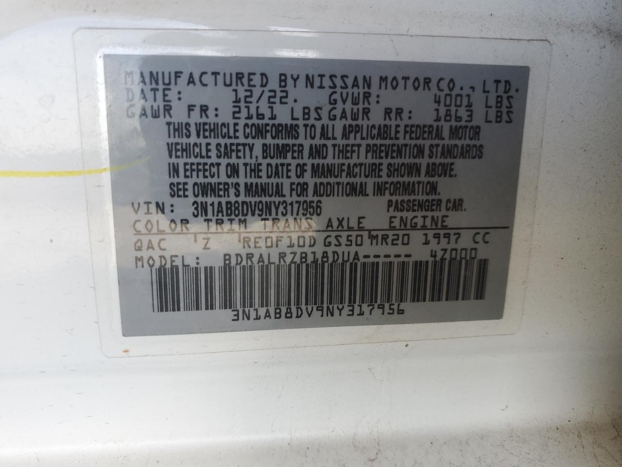 2022 NISSAN SENTRA SR VIN:3N1AB8DV9NY317956