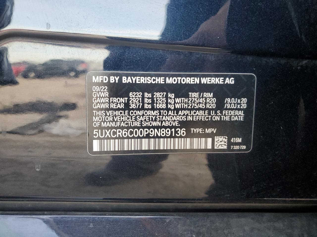 2023 BMW X5 XDRIVE40I VIN:5UXCR6C00P9N89136