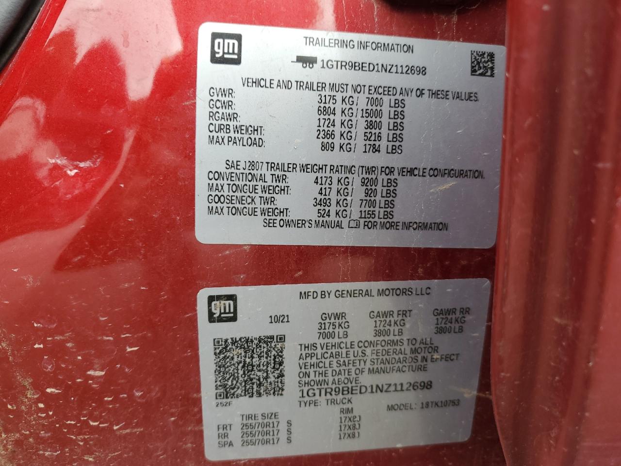 2022 GMC SIERRA LIMITED K1500 SLE VIN:1GTR9BED1NZ112698