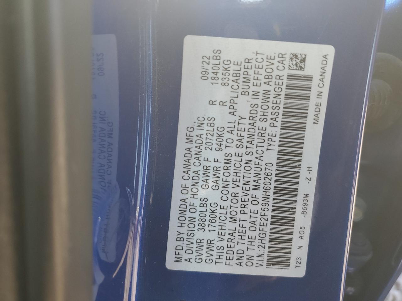 2022 HONDA CIVIC SPORT VIN:2HGFE2F59NH602670