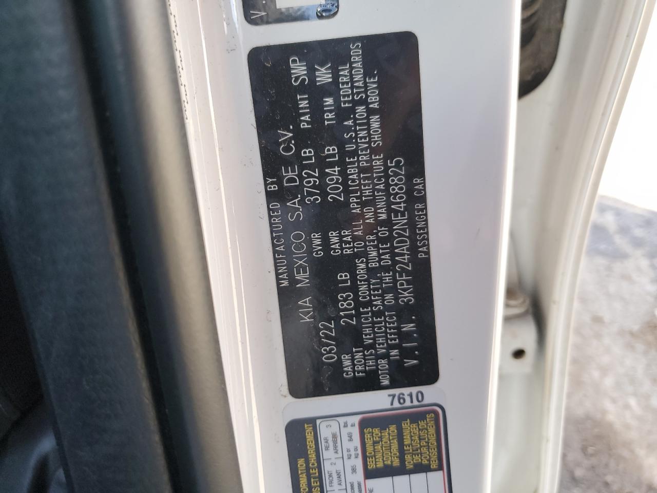 2022 KIA FORTE FE VIN:3KPF24AD2NE468825