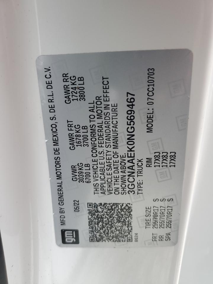 2022 CHEVROLET SILVERADO C1500 VIN:3GCNAAEK0NG569467