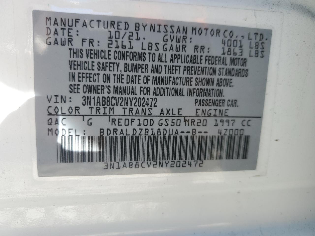 2022 NISSAN SENTRA SV VIN:3N1AB8CV2NY202472
