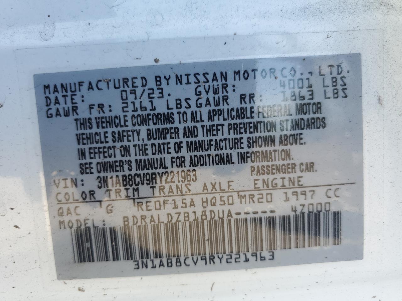 2024 NISSAN SENTRA SV VIN:3N1AB8CV9RY221963