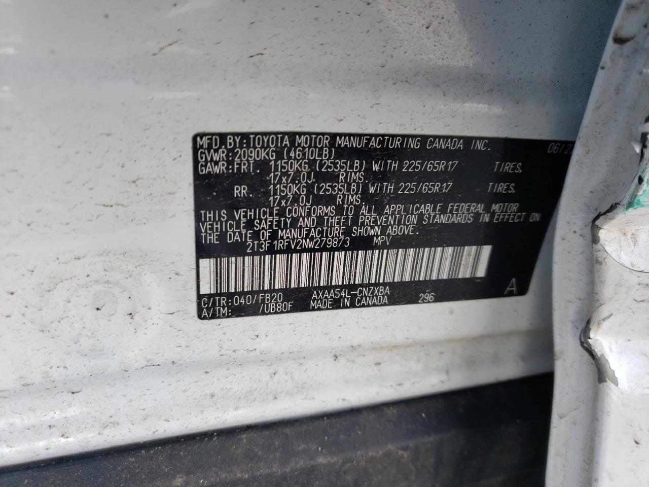 2022 TOYOTA RAV4 LE VIN:2T3F1RFV2NW279873