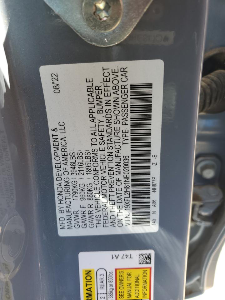 2022 HONDA CIVIC SPORT VIN:19XFL2H81NE020036