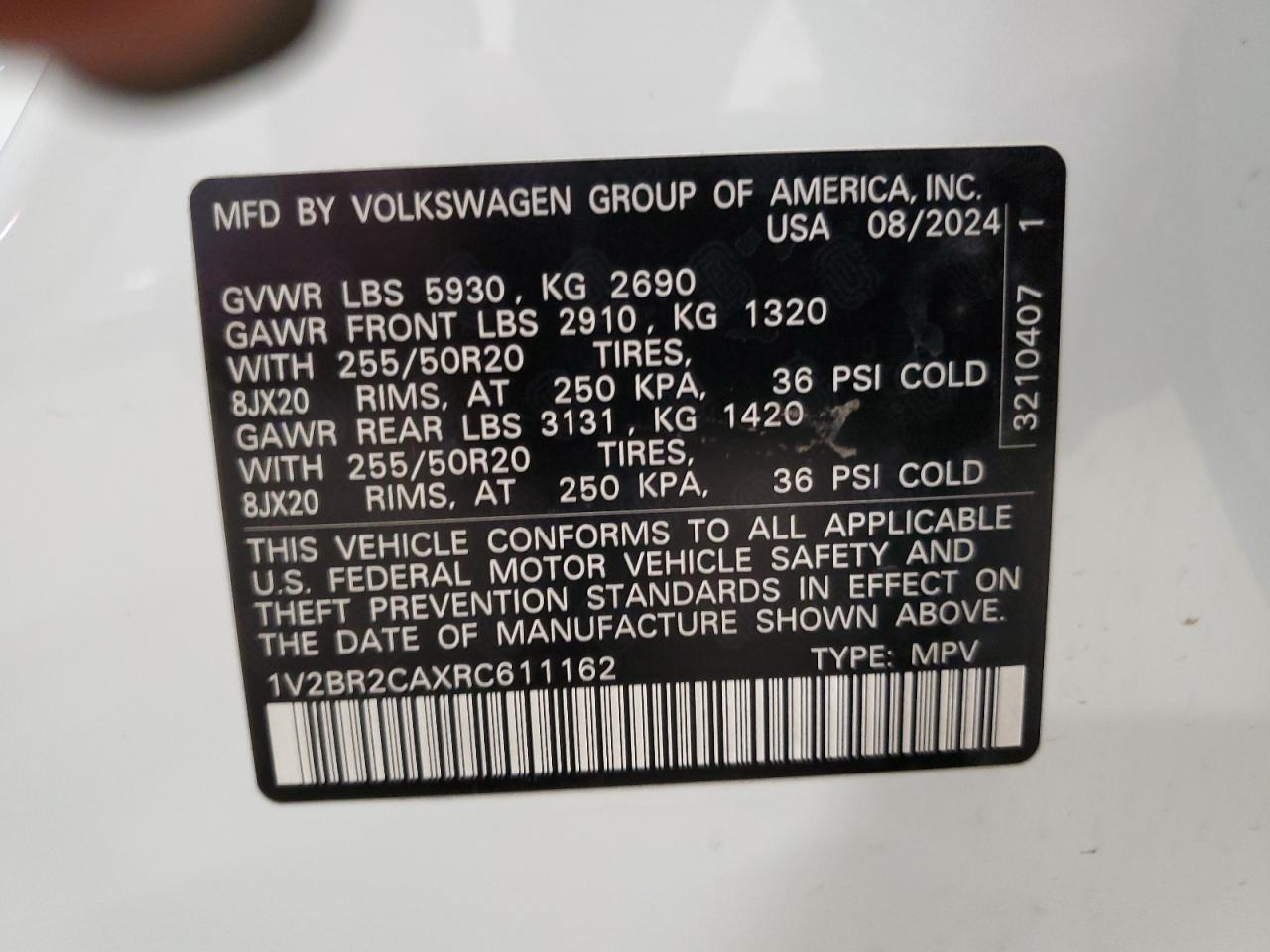 2024 VOLKSWAGEN ATLAS SEL VIN:1V2BR2CAXRC611162