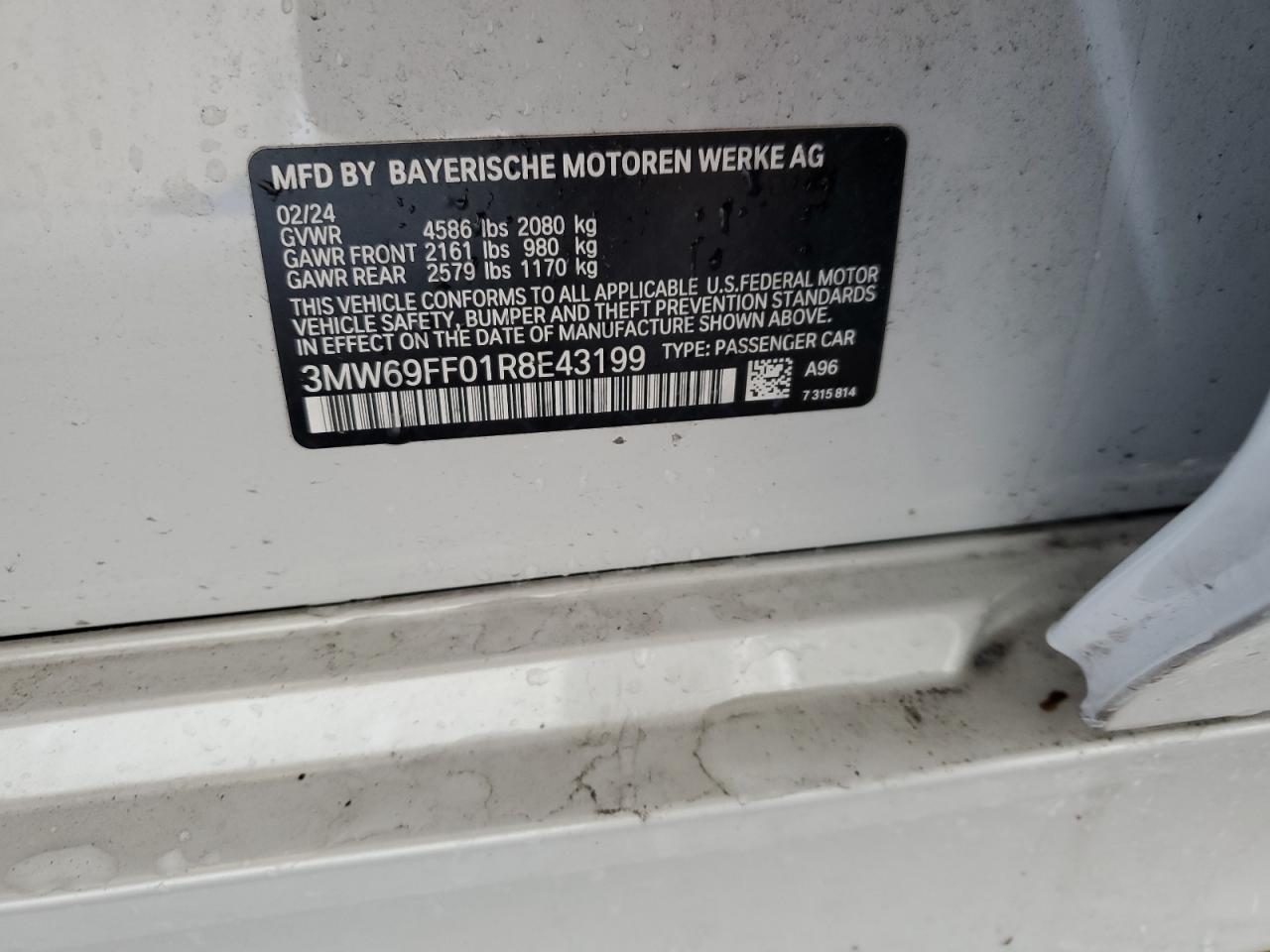 2024 BMW 330I  VIN:3MW69FF01R8E43199