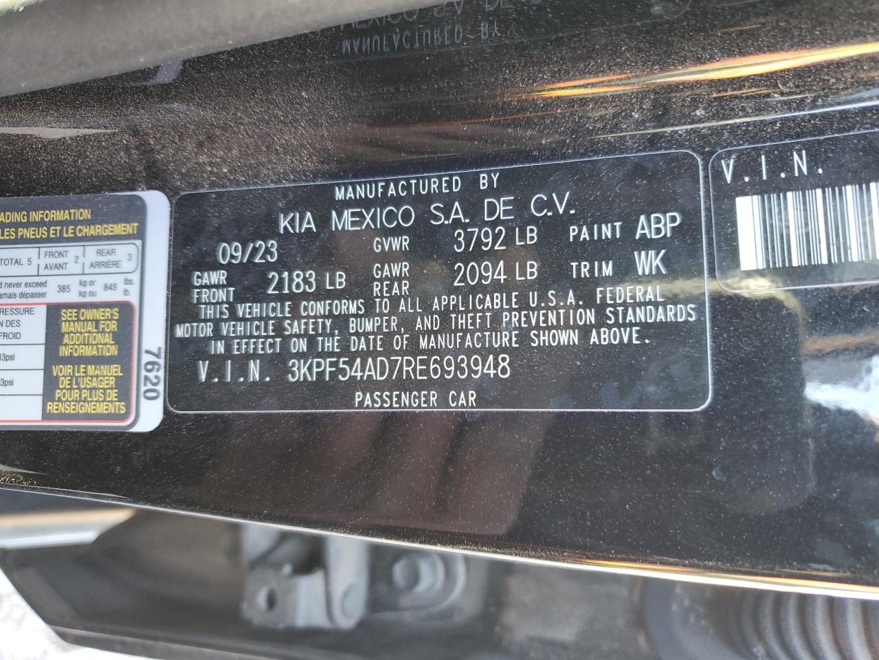 2024 KIA FORTE GT LINE VIN:3KPF54AD7RE693948