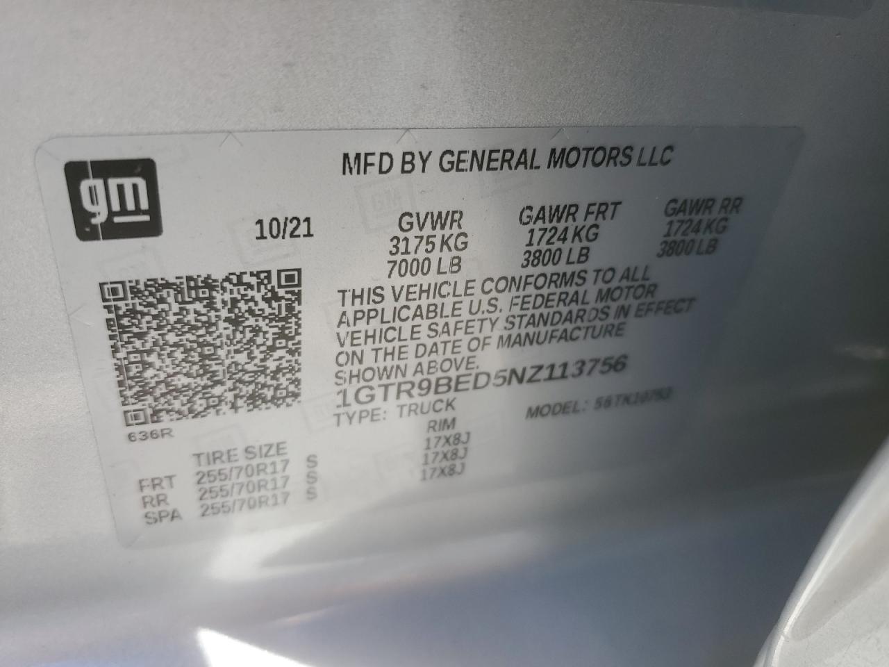 2022 GMC SIERRA LIMITED K1500 SLE VIN:1GTR9BED5NZ113756