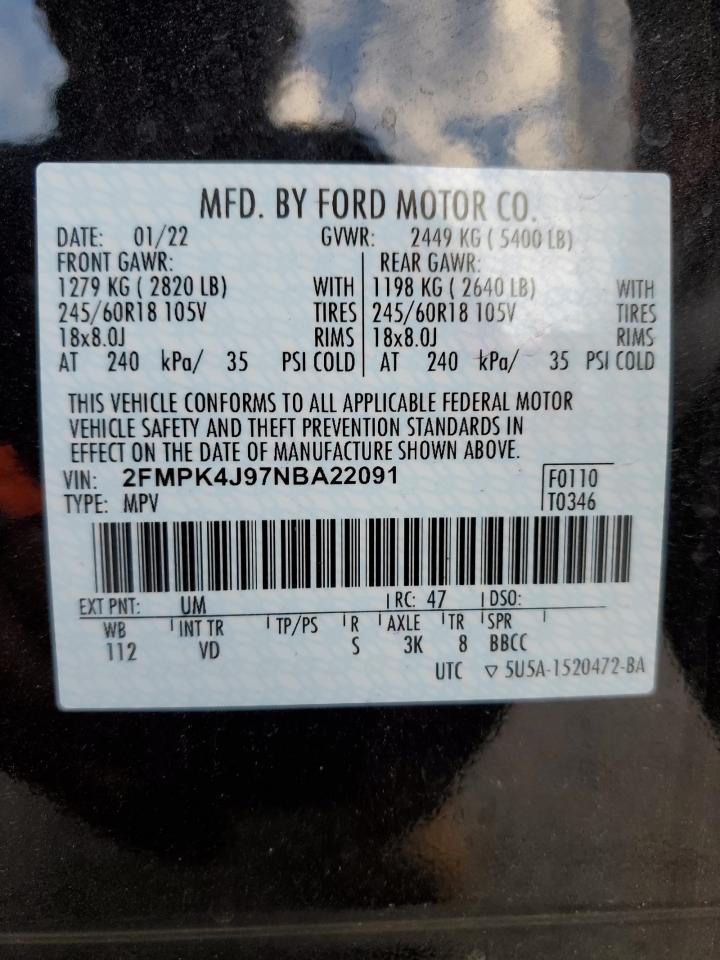 2022 FORD EDGE SEL VIN:2FMPK4J97NBA22091