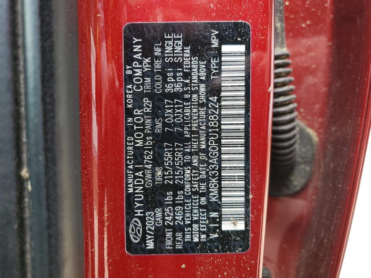 2023 HYUNDAI KONA SEL VIN:KM8K33AG0PU188224