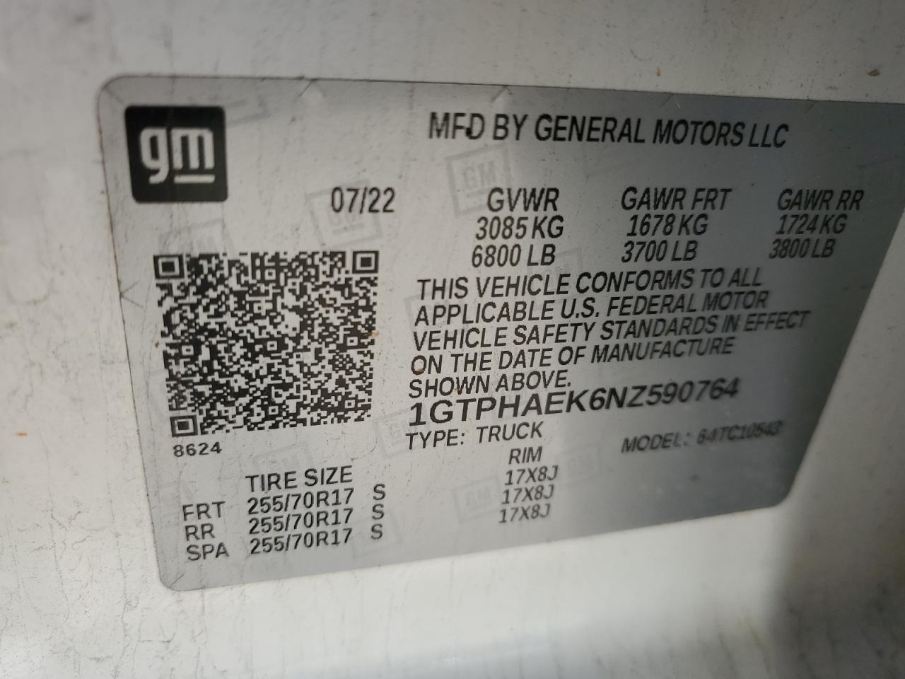 2022 GMC SIERRA C1500 VIN:1GTPHAEK6NZ590764