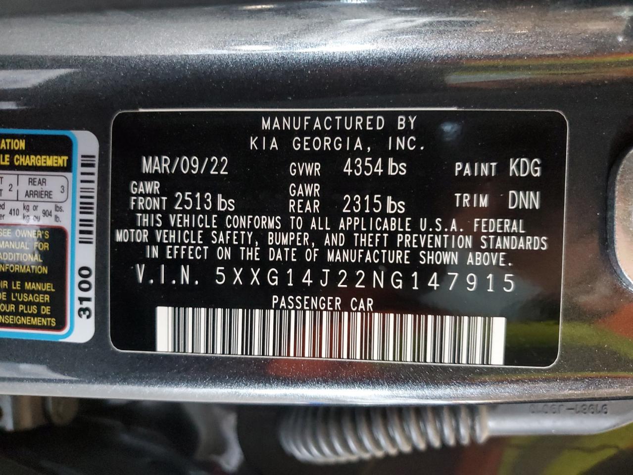 2022 KIA K5 LXS VIN:5XXG14J22NG147915