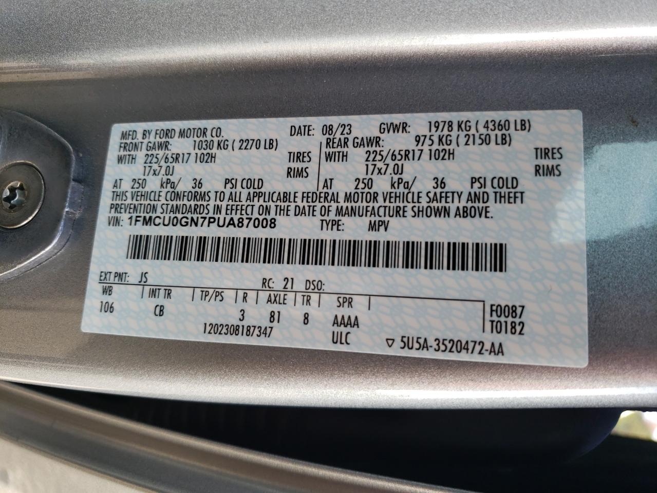 2023 FORD ESCAPE ACTIVE VIN:1FMCU0GN7PUA87008