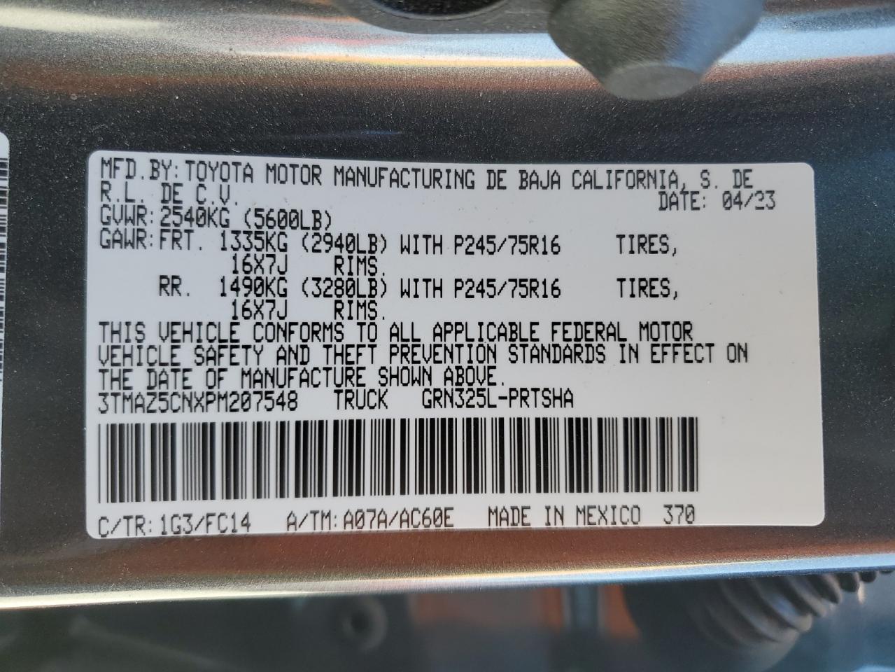 2023 TOYOTA TACOMA DOUBLE CAB VIN:3TMAZ5CNXPM207548