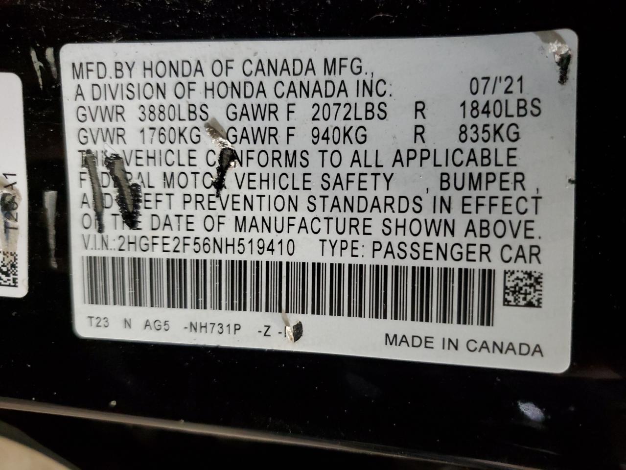 2022 HONDA CIVIC SPORT VIN:2HGFE2F56NH519410