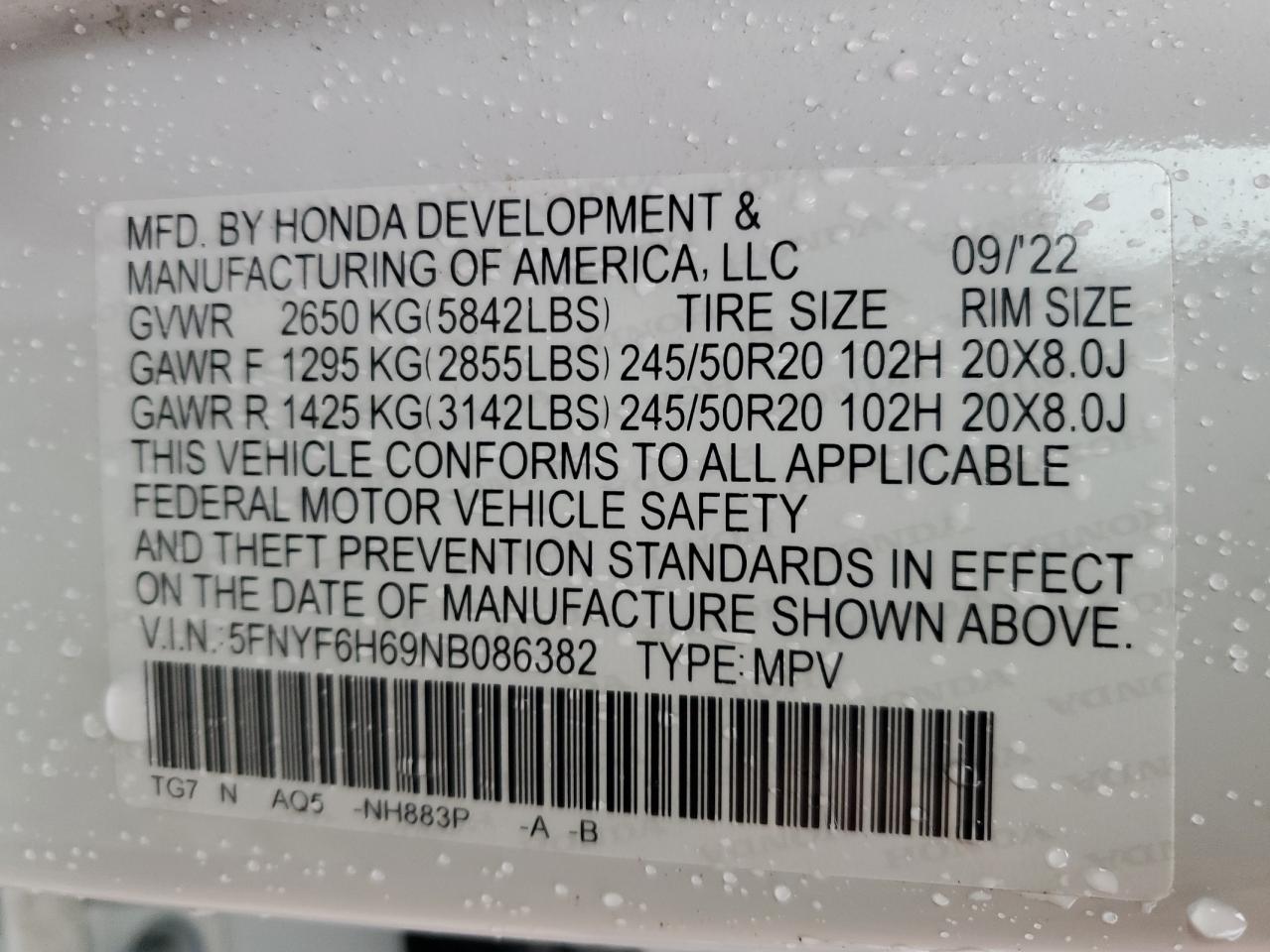 2022 HONDA PILOT TOURING VIN:5FNYF6H69NB086382