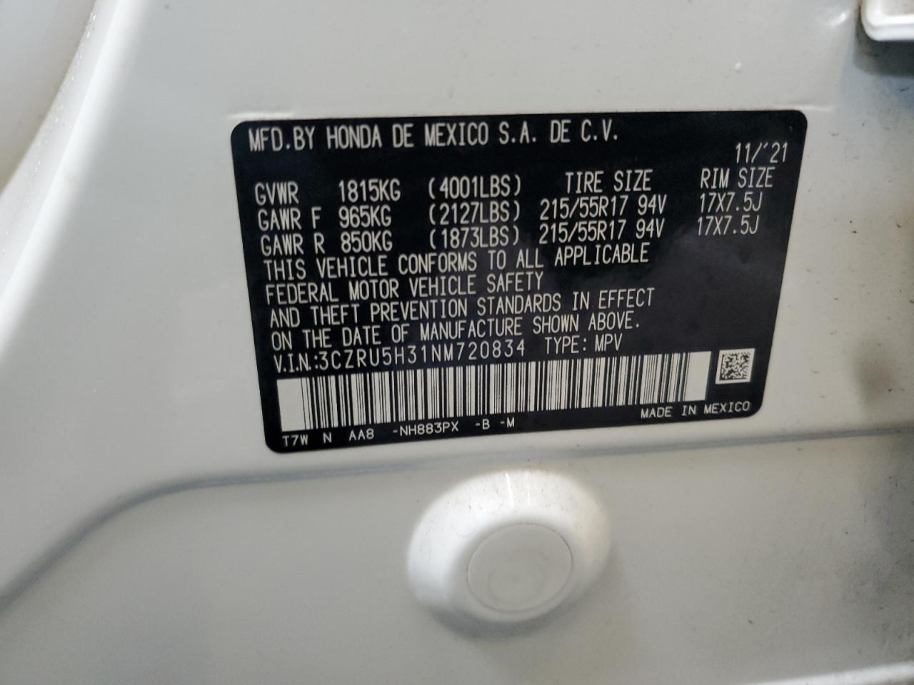2022 HONDA HR-V LX VIN:3CZRU5H31NM720834
