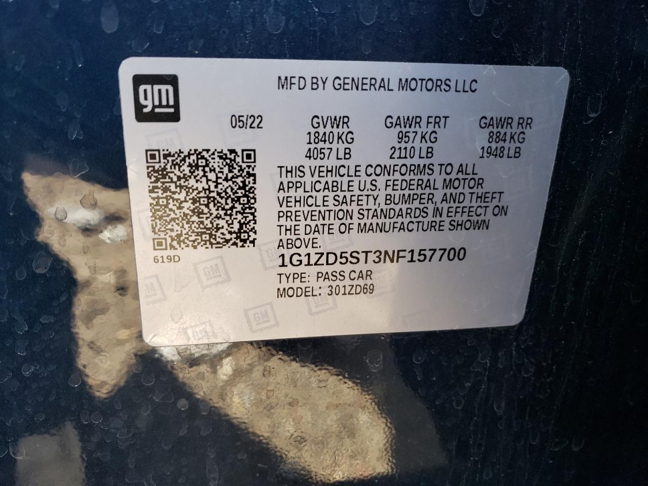 2022 CHEVROLET MALIBU LT VIN:1G1ZD5ST3NF157700