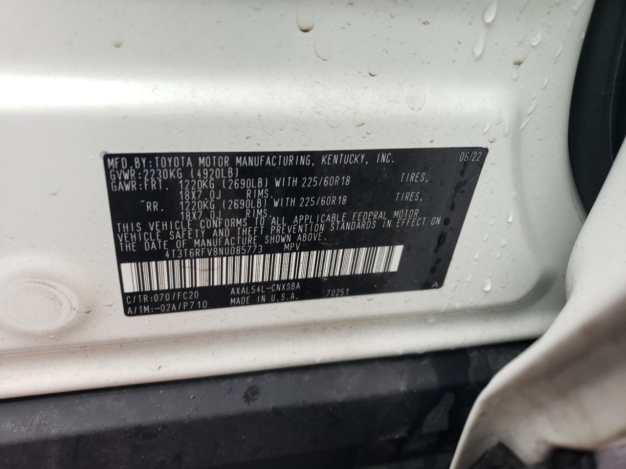 2022 TOYOTA RAV4 SE VIN:4T3T6RFV8NU085773