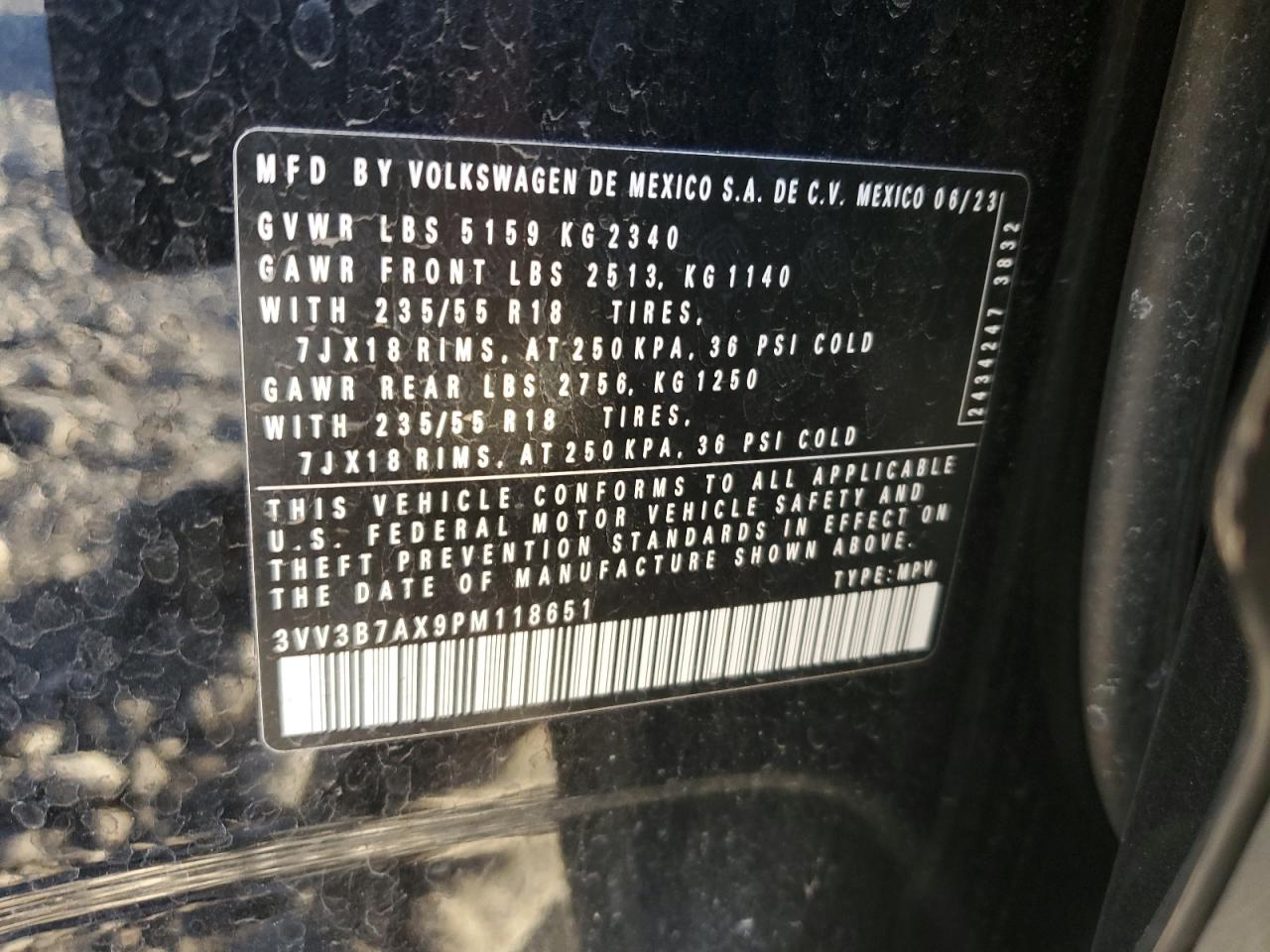 2023 VOLKSWAGEN TIGUAN SE VIN:3VV3B7AX9PM118651