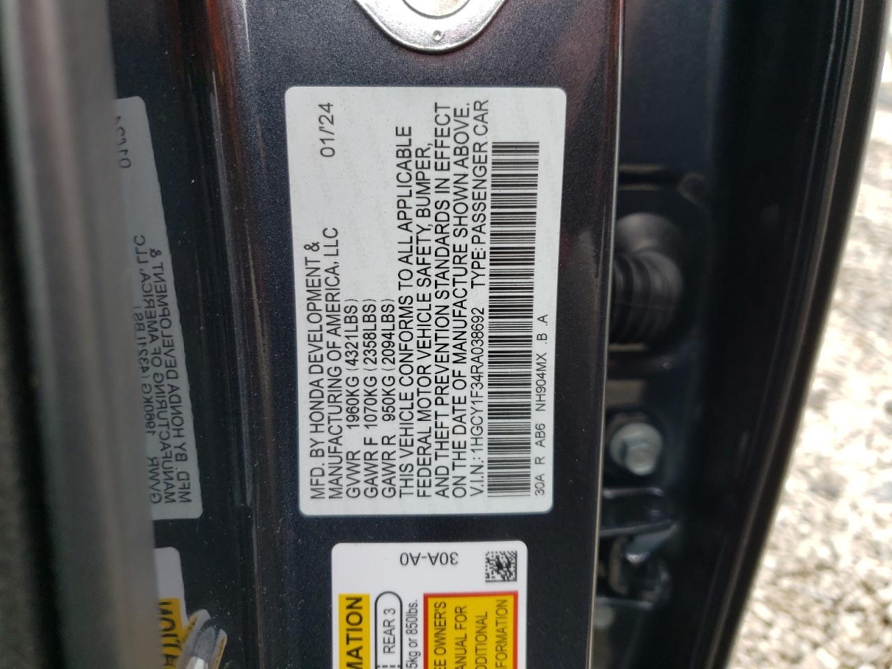 2024 HONDA ACCORD EX VIN:1HGCY1F34RA038692