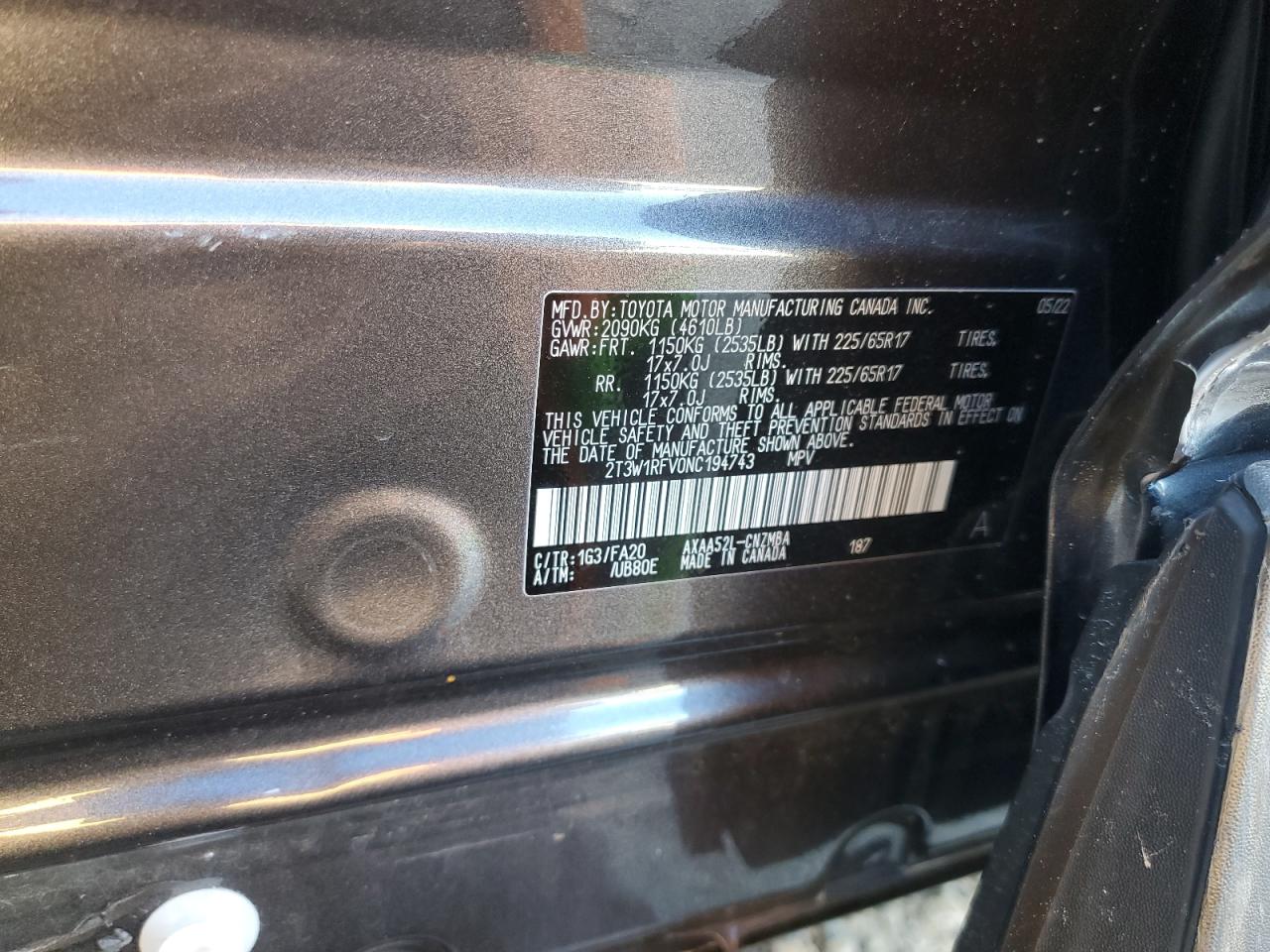 2022 TOYOTA RAV4 XLE VIN:2T3W1RFV0NC194743