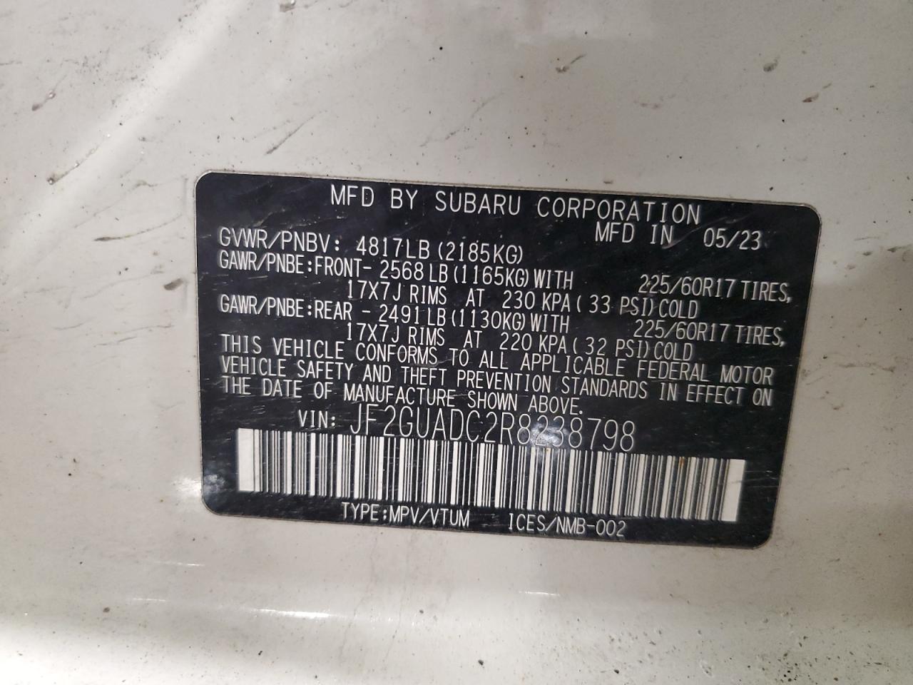 2024 SUBARU CROSSTREK PREMIUM VIN:JF2GUADC2R8238798