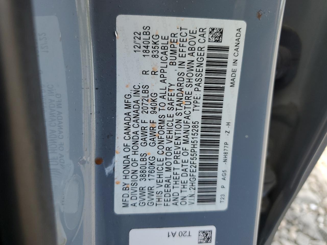 2023 HONDA CIVIC SPORT VIN:2HGFE2F55PH515285