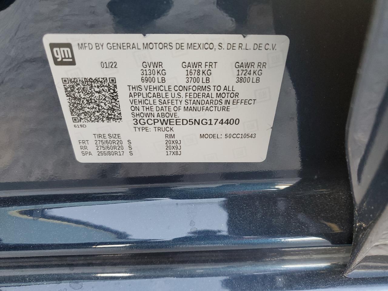 2022 CHEVROLET SILVERADO LTD C1500 LTZ VIN:3GCPWEED5NG174400